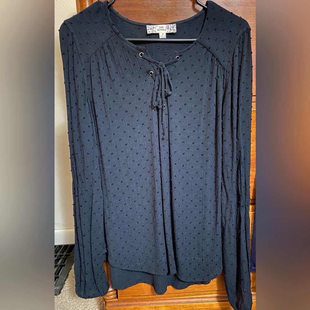 Pink Republic NWOT black semi sheer top w grommet polka dots size oversize small